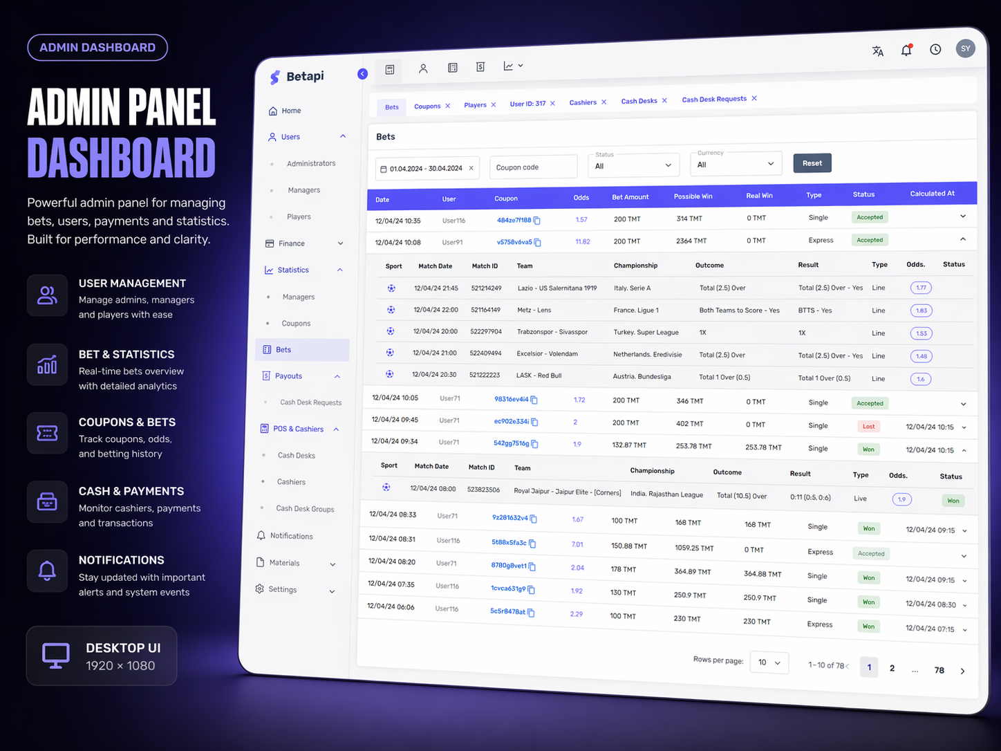 Admin panel sport bet — screenshot 1