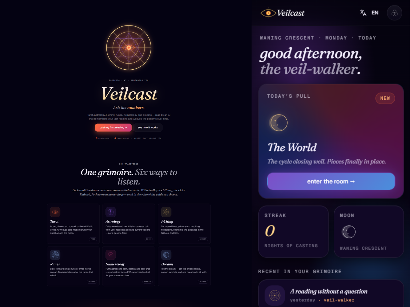 VeilCast — Esoteric AI That Remembers You — screenshot 2